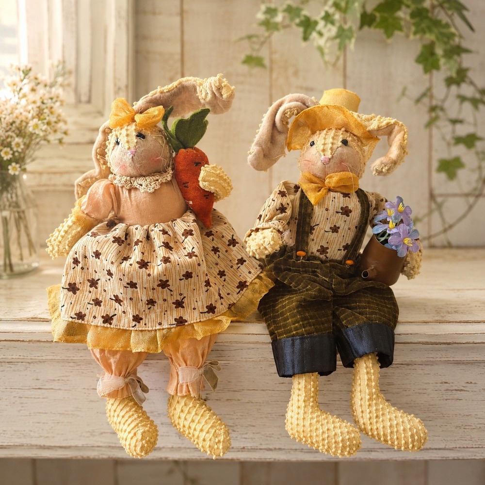 Vintage Ganz Bunny Shelf Sitters Pair 12" Fall Harvest Cottagecore Decor EA4652